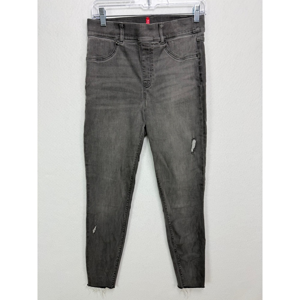 Spanx Ankle Skinny Jeans M Grey Grunge Slimming Distressed Raw Hem Pull On